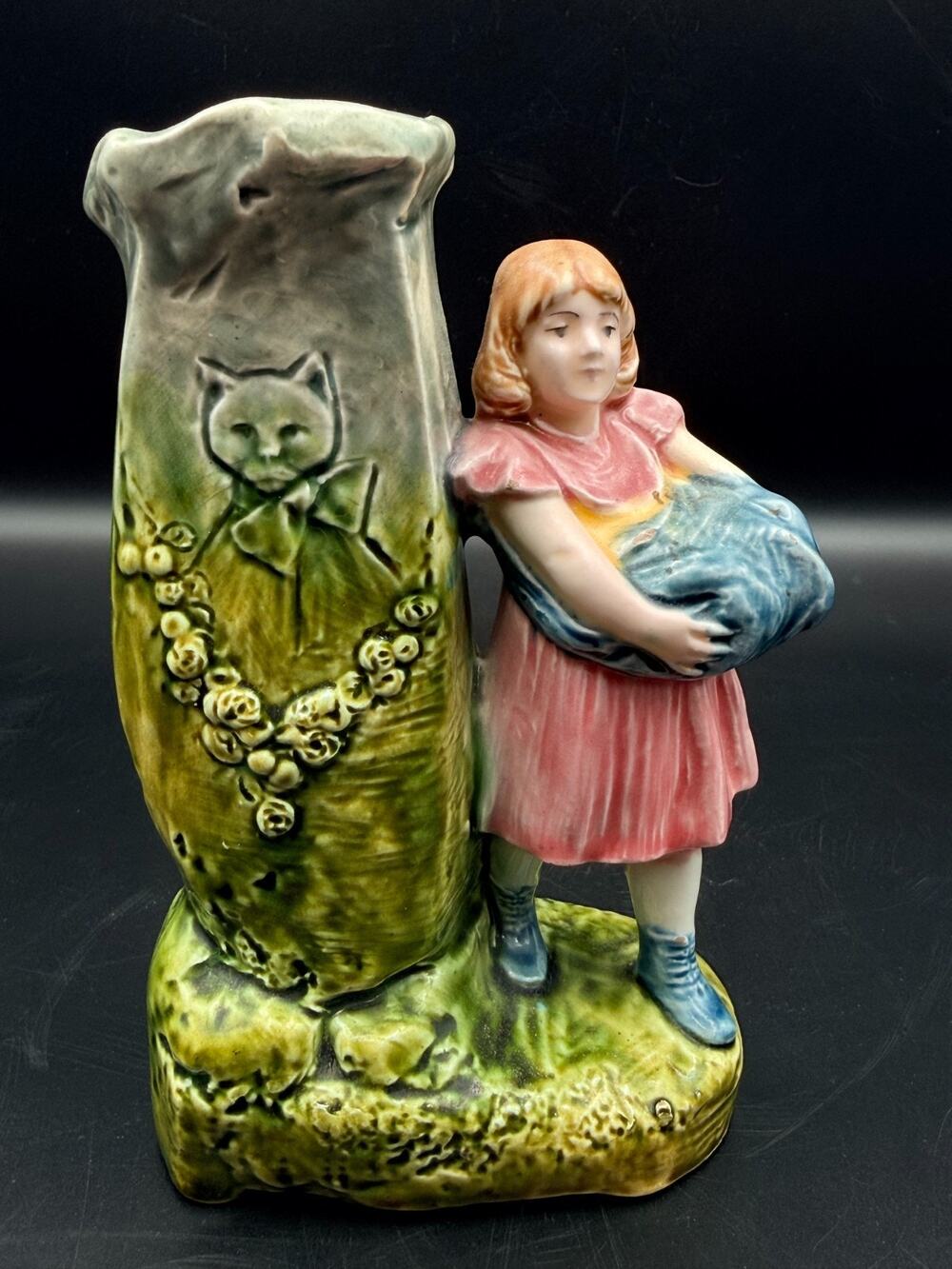 Antique Figural Majolica Art Nouveau Spill Posy Vase Girl Cat Tree Stump Austria